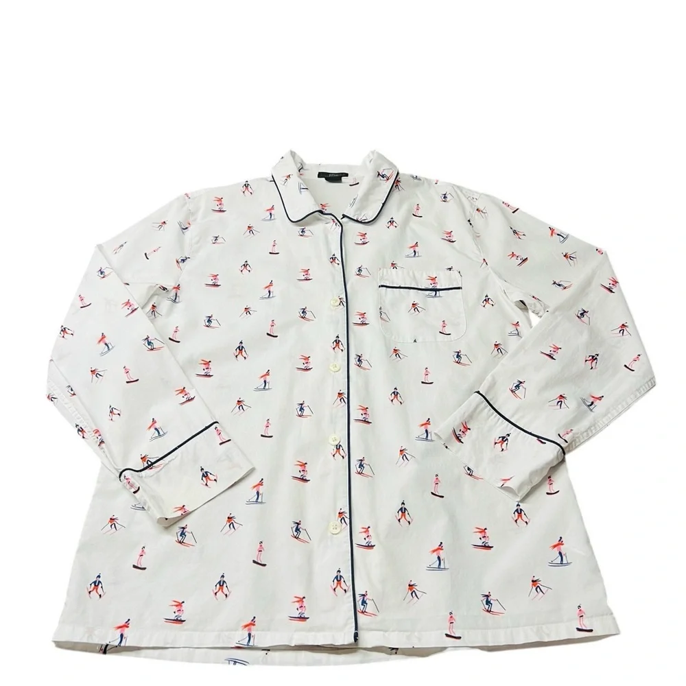 J. Crew White Pajama Shirt with Red and Blue Skier Print Men’s Size Medium